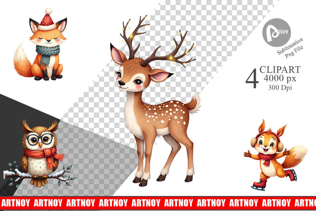 Clipart Whimsical Winter Forest Friends Watercolor Sublimation artnoy 