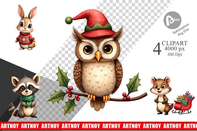Clipart Whimsical Woodland Christmas Vintage Watercolor Animals Sublimation artnoy 