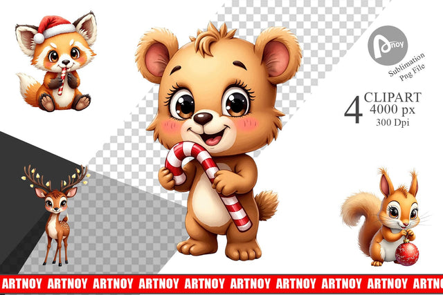 Clipart Whimsical Woodland Christmas Vintage Watercolor Animals Sublimation artnoy 