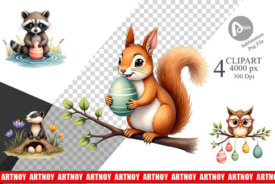 Clipart Whimsical Woodland Friends Easter Watercolor Sublimation artnoy 