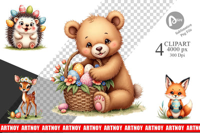 Clipart Whimsical Woodland Friends Easter Watercolor Sublimation artnoy 