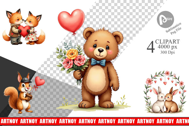 Clipart Whimsical Woodland Valentine Watercolor Storybook Sublimation artnoy 