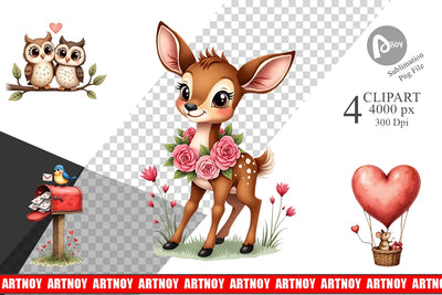 Clipart Whimsical Woodland Valentine Watercolor Storybook Sublimation artnoy 