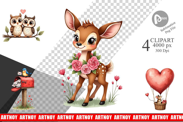 Clipart Whimsical Woodland Valentine Watercolor Storybook Sublimation artnoy 