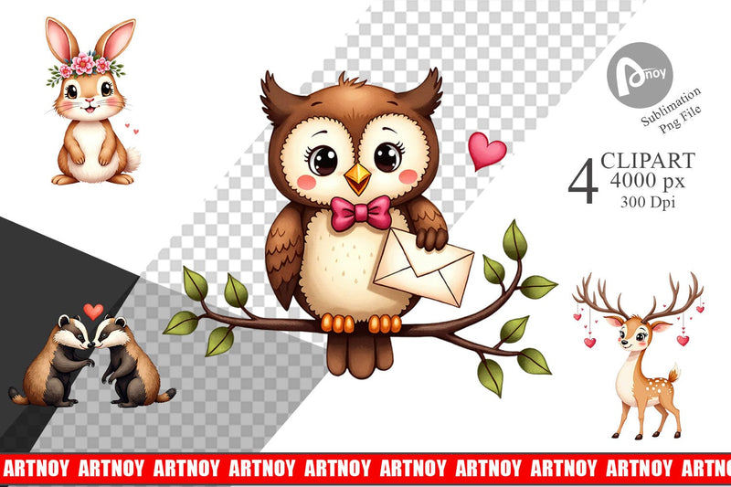 Clipart Whimsical Woodland Valentine Watercolor Sublimation artnoy 