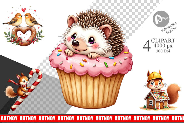 Clipart Winter Critters & Sweets Watercolor Sublimation artnoy 