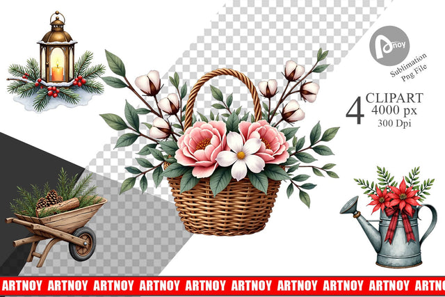 Clipart Winter Woodland Farmhouse Elements Watercolor Sublimation artnoy 