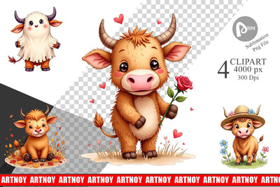 Clipart Year-Round UglyCute Highland Cow Seasonal Watercolor Sublimation artnoy 