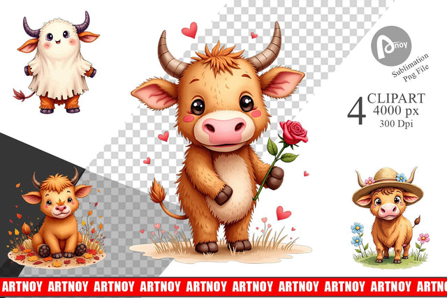 Clipart Year-Round UglyCute Highland Cow Seasonal Watercolor Sublimation artnoy 