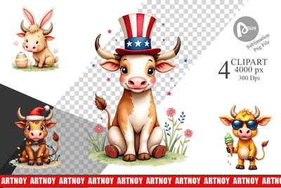 Clipart Year-Round UglyCute Highland Cow Seasonal Watercolor Sublimation artnoy 