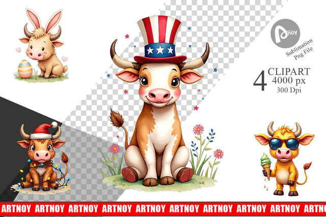 Clipart Year-Round UglyCute Highland Cow Seasonal Watercolor Sublimation artnoy 