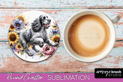 Clumber Spaniel Round Coaster - Dog Mom Floral Coaster Sublimation Sublimation OrangeBrushStudio 