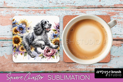 Clumber Spaniel Square Coaster - Dog Mom Floral Coaster Sublimation Sublimation OrangeBrushStudio 