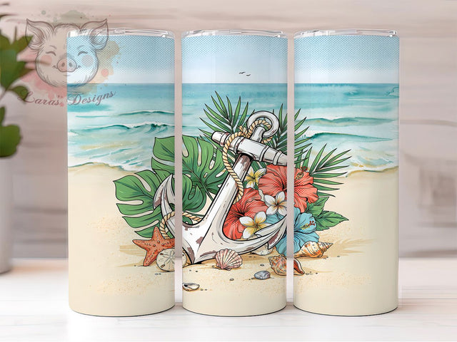 Coastal Anchor Hibiscus Beach 20oz Tumbler, Anchor Hibiscus, Coastal Design, Beach Theme, Sublimation Wrap, 20oz Tumbler, Tropical Aesthetic, Nautical Charm Sublimation Lara' s Designs 