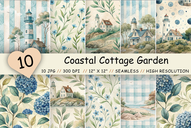Coastal Cottage Garden Digital Paper, Seamless Watercolor Floral Bundle Pack, Printable Scrapbook Paper, Blue Hydrangea Design Collection Digital Pattern FloridPrintables 