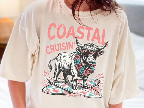 Coastal Cruisin Highland Cow PNG, Funny Beach Cow T-Shirt Design SVG DesignDestine 