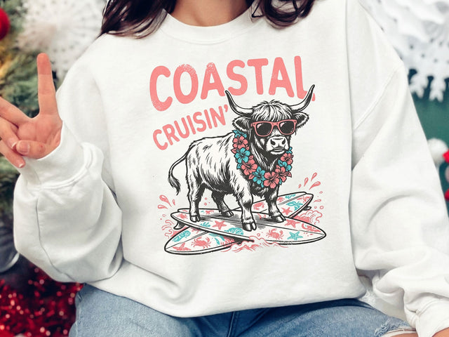 Coastal Cruisin Highland Cow PNG, Funny Beach Cow T-Shirt Design SVG DesignDestine 