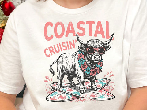Coastal Cruisin Highland Cow PNG, Funny Beach Cow T-Shirt Design SVG DesignDestine 