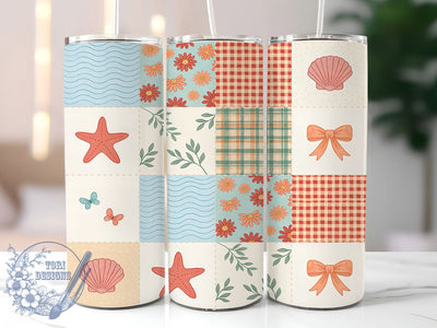 Coastal Floral Patchwork 20oz Tumbler, Patchwork Style, Beach Theme, Hand Drawn, Whimsical Design, Skinny Tumbler, Sublimation PNG Sublimation ToriDesigns 