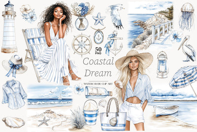 Coastal Girls Clipart | Beach Ocean Nautical Seaside PNG Digital Pattern GlamArtZhanna 