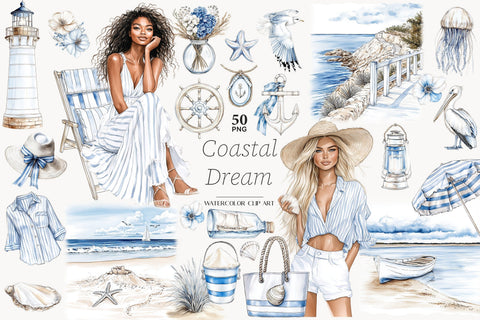 Coastal Girls Clipart | Beach Ocean Nautical Seaside PNG Digital Pattern GlamArtZhanna 