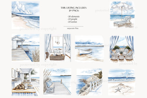 Coastal Girls Clipart | Beach Ocean Nautical Seaside PNG Digital Pattern GlamArtZhanna 