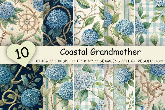 Coastal Grandmother Digital Paper, Seamless Watercolor Pattern Bundle, Printable Scrapbook Paper, Linen Hydrangea Nautical Collection Digital Pattern FloridPrintables 