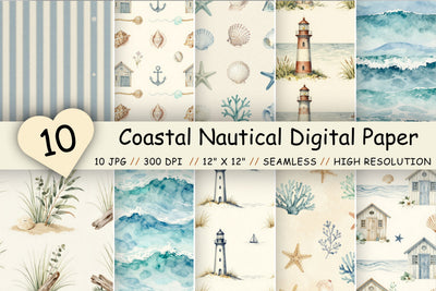 Coastal Nautical Digital Paper Pack, Beach House Seamless Patterns, Ocean Waves, Seashells & Maritime Printable Crafts Digital Pattern FloridPrintables 