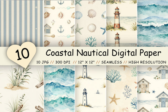 Coastal Nautical Digital Paper Pack, Beach House Seamless Patterns, Ocean Waves, Seashells & Maritime Printable Crafts Digital Pattern FloridPrintables 