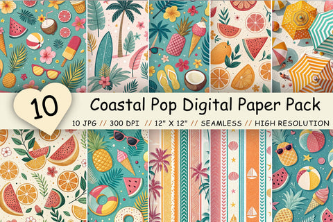Coastal Pop Digital Paper Pack, Seamless Retro Beach Pattern Bundle, Printable Scrapbook Paper, Tropical Summer Design Collection Digital Pattern FloridPrintables 