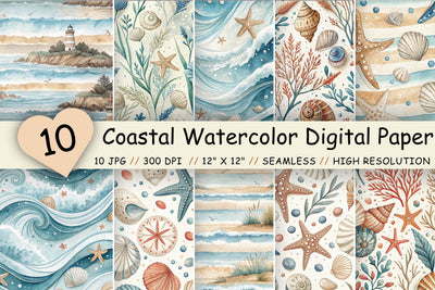 Coastal Watercolor Digital Paper Bundle, Seamless Beach Pattern Pack, Printable Scrapbook Paper, Seashell Starfish Ocean Design Collection Digital Pattern FloridPrintables 