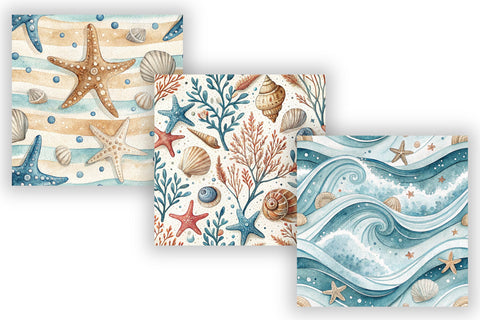 Coastal Watercolor Digital Paper Bundle, Seamless Beach Pattern Pack, Printable Scrapbook Paper, Seashell Starfish Ocean Design Collection Digital Pattern FloridPrintables 