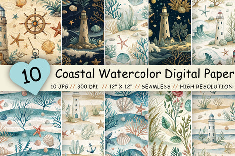 Coastal Watercolor Digital Paper Bundle , Seamless Pattern Mega Collection, Printable Scrapbook Paper, Beach Ocean Design Collection Digital Pattern FloridPrintables 