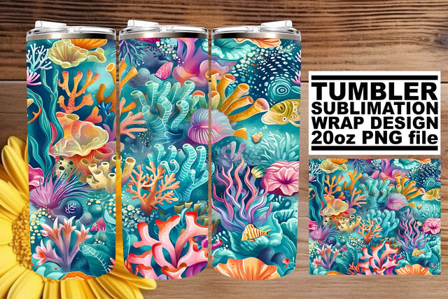 Coastal Waters Tumbler Design, Summer Sublimation Wrap, 20oz, Vibrant Fish Art, Watercolor Ocean Sublimation afrosvg 