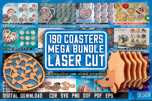 Coasters MegaBundle Laser Cut, Wooden Engraved Coasters, Kitchen Laser Cut Mega Bundle, Easter Bunny Coasters, Valentine's Day Puzzle Coasters, Christmas Coasters SVG, Kitchen Mega Engraving Bundle SVG Fly Design 
