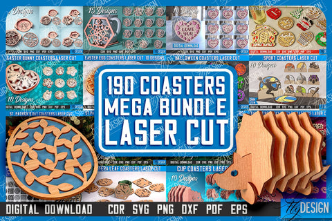 Coasters MegaBundle Laser Cut, Wooden Engraved Coasters, Kitchen Laser Cut Mega Bundle, Easter Bunny Coasters, Valentine's Day Puzzle Coasters, Christmas Coasters SVG, Kitchen Mega Engraving Bundle SVG Fly Design 