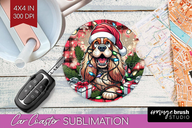 Cocker Spaniel Funny Christmas Dog Car Coaster Sublimation OrangeBrushStudio 