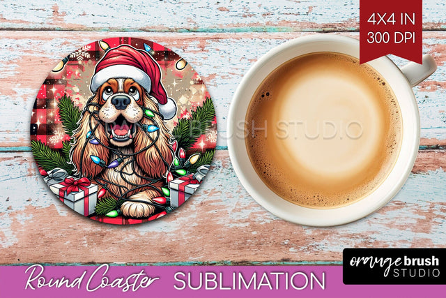 Cocker Spaniel Funny Christmas Dog Round Coaster Sublimation OrangeBrushStudio 