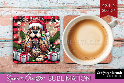 Cocker Spaniel Funny Christmas Dog Square Coaster Sublimation OrangeBrushStudio 