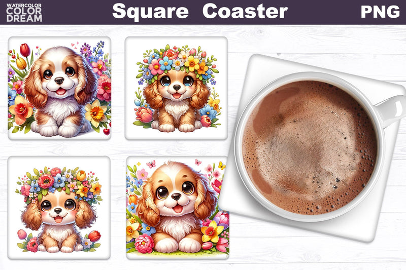 Cocker Spaniel Square Coaster | Dog Flowers Square Coaster Sublimation WatercolorColorDream 