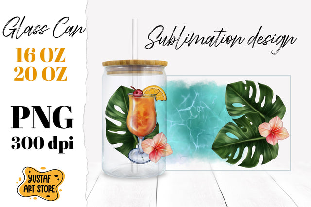 Cocktail and Tropical leaves Glass Can. Cruise glass can Sublimation Yustaf Art Store 
