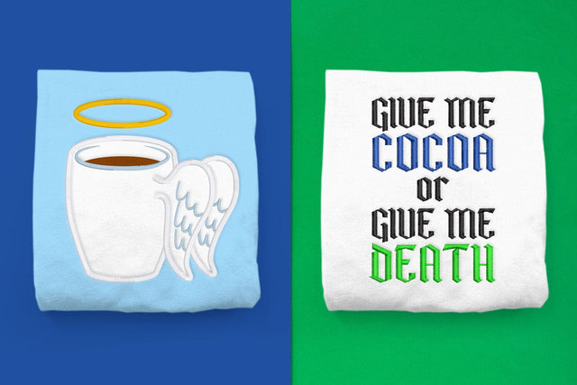 Cocoa or Death Angel Wing Mug Applique Embroidery Duo Embroidery/Applique DESIGNS Risa Rocks It 