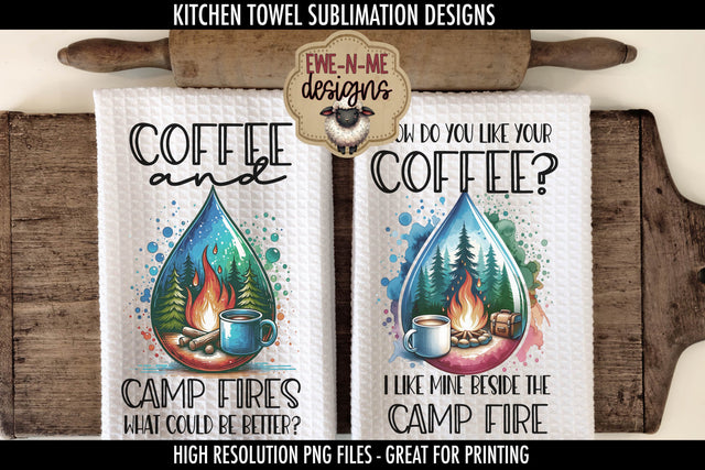Coffee and Camping Sublimation Towel PNG Designs | Camp Fire Sublimation Ewe-N-Me Designs 