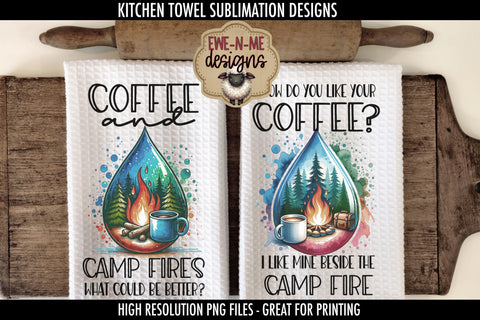 Coffee and Camping Sublimation Towel PNG Designs | Camp Fire Sublimation Ewe-N-Me Designs 