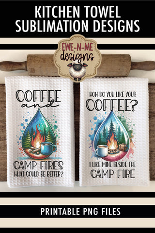 Coffee and Camping Sublimation Towel PNG Designs | Camp Fire Sublimation Ewe-N-Me Designs 