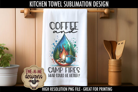 Coffee and Camping Sublimation Towel PNG Designs | Camp Fire Sublimation Ewe-N-Me Designs 