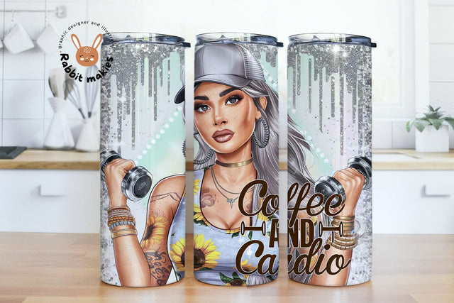 Coffee and Cardio 20oz Tumbler Wrap Design, Cardio Tumbler Design, Girl 20oz Tumbler Sublimation Design Sublimation Rabbitmakies 