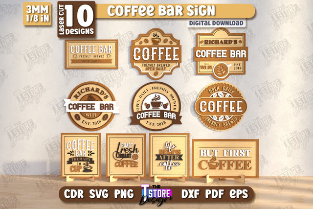 Coffee Bar Signs Laser Cut Bundle | Coffee House | Coffee Shop | Interior Signage | CNC Files SVG The T Store Design 