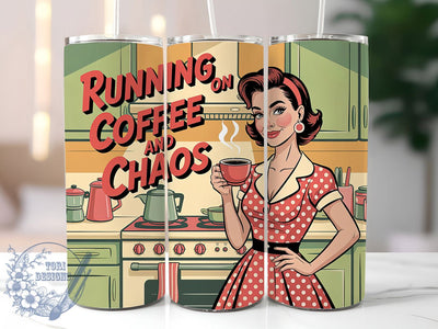 Coffee Chaos Mom 20oz Tumbler, Running On Coffee And Chaos Quote, Confident Woman Illustration, Classic Polka Dot Dress, Vintage Retro Style, Sublimation Tumbler Wrap, 20oz Tumbler Sublimation ToriDesigns 
