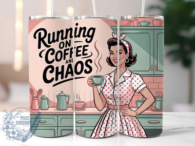 Coffee Chaos Mom 20oz Tumbler, Running On Coffee And Chaos Quote, Confident Woman Illustration, Classic Polka Dot Dress, Vintage Retro Style, Sublimation Tumbler Wrap, 20oz Tumbler Sublimation ToriDesigns 